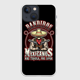 Чехол для iPhone 13 mini с принтом Bandidos в Новосибирске,  |  | cartridges | drawing | graphic | hat | mexican | mexico | ornament | patterns | revolvers | rope | tape | tequila | thug | weapon | бандит | верёвка | графика | лента | мексика | мексиканский | орнамент | оружие | патроны | револьверы | рисунок | текила |