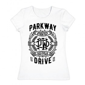 Женская футболка хлопок с принтом Parkway Drive в Новосибирске, 100% хлопок | прямой крой, круглый вырез горловины, длина до линии бедер, слегка спущенное плечо | atlas | ire | parkway drive | pd | группы | метал | музыка | рок | хеви метал