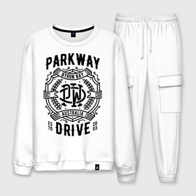 Мужской костюм хлопок с принтом Parkway Drive в Новосибирске, 100% хлопок | на свитшоте круглая горловина, мягкая резинка по низу. Брюки заужены к низу, на них два вида карманов: два “обычных” по бокам и два объемных, с клапанами, расположенные ниже линии бедра. Брюки с мягкой трикотажной резинкой на поясе и по низу штанин. В поясе для дополнительного комфорта — широкие завязки | Тематика изображения на принте: atlas | ire | parkway drive | pd | группы | метал | музыка | рок | хеви метал