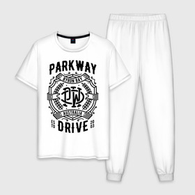 Мужская пижама хлопок с принтом Parkway Drive в Новосибирске, 100% хлопок | брюки и футболка прямого кроя, без карманов, на брюках мягкая резинка на поясе и по низу штанин
 | Тематика изображения на принте: atlas | ire | parkway drive | pd | группы | метал | музыка | рок | хеви метал