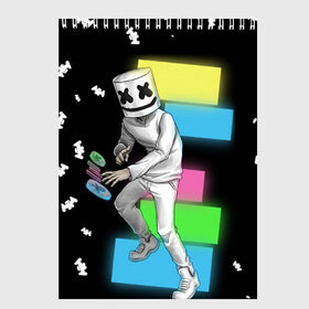 Скетчбук с принтом Marshmello в Новосибирске, 100% бумага
 | 48 листов, плотность листов — 100 г/м2, плотность картонной обложки — 250 г/м2. Листы скреплены сверху удобной пружинной спиралью | Тематика изображения на принте: dj | electro | electronic | marshmello | mask | music | зефир | маршмелоу | музыка