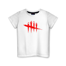 Детская футболка хлопок с принтом DEAD BY DAYLIGHT в Новосибирске, 100% хлопок | круглый вырез горловины, полуприлегающий силуэт, длина до линии бедер | blood | dead by daylight | game | horror | logo | red | игра | кости | кровь | лого | ужасы | хоррор | череп
