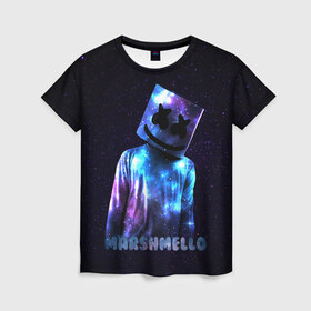 Женская футболка 3D с принтом Marshmello в Новосибирске, 100% полиэфир ( синтетическое хлопкоподобное полотно) | прямой крой, круглый вырез горловины, длина до линии бедер | marshmello | диджей | звезды | клуб | клубная музыка | космос | маршмеллоу | маршмэлло | маршмэллоу | музыка | небо | ночь | электронная