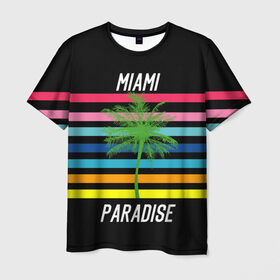 Мужская футболка 3D с принтом Miami Paradise в Новосибирске, 100% полиэфир | прямой крой, круглый вырез горловины, длина до линии бедер | america | city | colorful | drawing | grap | miami | palm tree | paradise | recreation | resort | stripes | tree | usa | world | америка | город | графика | дерево | курорт | майами | мировой | надпись | отдых | пальма | полосы | разноцветные | рай | рису