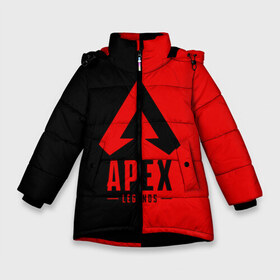 Зимняя куртка для девочек 3D с принтом APEX LEGENDS RED в Новосибирске, ткань верха — 100% полиэстер; подклад — 100% полиэстер, утеплитель — 100% полиэстер. | длина ниже бедра, удлиненная спинка, воротник стойка и отстегивающийся капюшон. Есть боковые карманы с листочкой на кнопках, утяжки по низу изделия и внутренний карман на молнии. 

Предусмотрены светоотражающий принт на спинке, радужный светоотражающий элемент на пуллере молнии и на резинке для утяжки. | Тематика изображения на принте: apex | legend | legends | titanfall | апекс | арех | бангалор | бладхаунд | верхушки | гибралтар | каустик | лайфлайн | легенда | легенды | ледженд | леджендс | мираж | орех | рэйф | титанфол