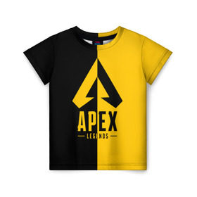 Детская футболка 3D с принтом APEX LEGENDS YELLOW в Новосибирске, 100% гипоаллергенный полиэфир | прямой крой, круглый вырез горловины, длина до линии бедер, чуть спущенное плечо, ткань немного тянется | Тематика изображения на принте: apex | legend | legends | titanfall | апекс | арех | бангалор | бладхаунд | верхушки | гибралтар | каустик | лайфлайн | легенда | легенды | ледженд | леджендс | мираж | орех | рэйф | титанфол
