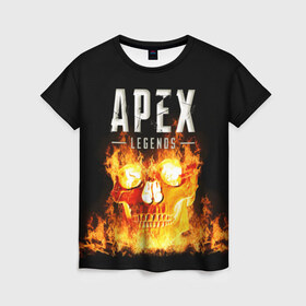 Женская футболка 3D с принтом APEX LEGENDS в Новосибирске, 100% полиэфир ( синтетическое хлопкоподобное полотно) | прямой крой, круглый вырез горловины, длина до линии бедер | apex | apex legends | апекс | апекс легенд | апекс легендс | бой | игра | компьютерная игра | королевская битва | лучшее | огонь | онлайн игра | популярное | хит | череп | шутер