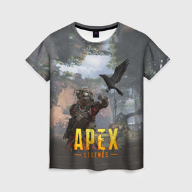 Женская футболка 3D с принтом APEX LEGENDS в Новосибирске, 100% полиэфир ( синтетическое хлопкоподобное полотно) | прямой крой, круглый вырез горловины, длина до линии бедер | apex | apex legends | апекс | апекс легенд | апекс легендс | бой | игра | компьютерная игра | королевская битва | лучшее | онлайн игра | популярное | хит | шутер