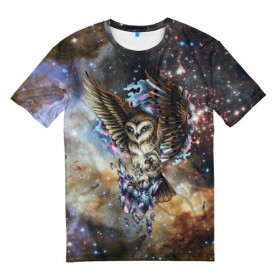 Мужская футболка 3D с принтом сова космическая в Новосибирске, 100% полиэфир | прямой крой, круглый вырез горловины, длина до линии бедер | Тематика изображения на принте: owl | галактика | звезды | космос | млечный путь | ночь | птица | сова | филин