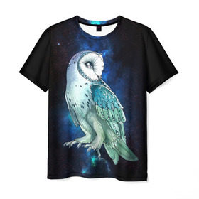Мужская футболка 3D с принтом космическая сова в Новосибирске, 100% полиэфир | прямой крой, круглый вырез горловины, длина до линии бедер | owl | галактика | звезды | космос | млечный путь | ночь | птица | сова | филин