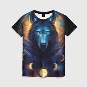 Женская футболка 3D с принтом волк в Новосибирске, 100% полиэфир ( синтетическое хлопкоподобное полотно) | прямой крой, круглый вырез горловины, длина до линии бедер | wolf | волк | галактика | звезды | койот | космос | луна | ночь | собака