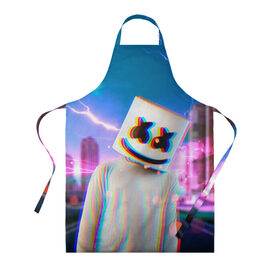 Фартук 3D с принтом Marshmello Glitch в Новосибирске, 100% полиэстер | общий размер — 65 х 85 см, ширина нагрудника — 26 см, горловина — 53 см, длина завязок — 54 см, общий обхват в поясе — 173 см. Принт на завязках и на горловине наносится с двух сторон, на основной части фартука — только с внешней стороны | Тематика изображения на принте: christopher | comstock | dj | dotcom | fortnite | friends | glitch | marshmallow | marshmello | usa | глитч | диджей | друзья | зефир | комсток | крис | мармелад | маршмэллоу | молнии | музыка | продюсер | сша | фортнайт | хаус | электро