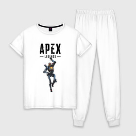Женская пижама хлопок с принтом Pathfinder в Новосибирске, 100% хлопок | брюки и футболка прямого кроя, без карманов, на брюках мягкая резинка на поясе и по низу штанин | apex | apex legends | legends | pathfinder | titanfall | titanfall apex legends | апекс | апекс ледженс | пасфайндер | титанфол | титанфолл легендс