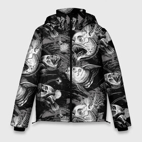 Мужская зимняя куртка 3D с принтом Глубоководные рыбы в Новосибирске, верх — 100% полиэстер; подкладка — 100% полиэстер; утеплитель — 100% полиэстер | длина ниже бедра, свободный силуэт Оверсайз. Есть воротник-стойка, отстегивающийся капюшон и ветрозащитная планка. 

Боковые карманы с листочкой на кнопках и внутренний карман на молнии. | Тематика изображения на принте: dark | deep sea | depth | fish | ocean | predators | water | вода | глубина | глубоководные | графика | длинные | древние | жизни | зубы | иллюстрация | искусство | мода | океан | острые | рисунок | рыбы | свет | стиль | текст