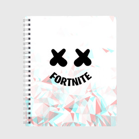 Тетрадь с принтом FORTNITE x MARSHMELLO в Новосибирске, 100% бумага | 48 листов, плотность листов — 60 г/м2, плотность картонной обложки — 250 г/м2. Листы скреплены сбоку удобной пружинной спиралью. Уголки страниц и обложки скругленные. Цвет линий — светло-серый
 | Тематика изображения на принте: 2019 | dj | fortnite | game | glitch | marshmello | usa | америка | глитч | игра | клубная музыка | маршмелло | музыка | музыкант | ф | фортнайт