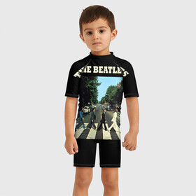 Детский купальный костюм 3D с принтом The Beatles в Новосибирске, Полиэстер 85%, Спандекс 15% | застежка на молнии на спине | beatles | the beatles | битлз | битлс | битлы | группы | джон леннон | джордж харрисон | легенды | музыка | пол маккартни | ринго старр | рок