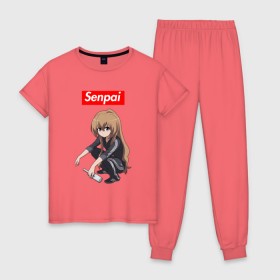 Женская пижама хлопок с принтом Senpai (Гопник) в Новосибирске, 100% хлопок | брюки и футболка прямого кроя, без карманов, на брюках мягкая резинка на поясе и по низу штанин | ahegao | anime | manga | sempai | senpai | аниме | ахегао | манга | семпай | сенпай