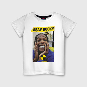 Детская футболка хлопок с принтом A$AP ROCKY в Новосибирске, 100% хлопок | круглый вырез горловины, полуприлегающий силуэт, длина до линии бедер | Тематика изображения на принте: aap | asap | mob | rap | rocky | testing | асап | банда | моб | раким | реп | роки | рэп | рэпер | тестинг | эйсап | эсап