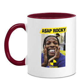 Кружка двухцветная с принтом A$AP ROCKY в Новосибирске, керамика | объем — 330 мл, диаметр — 80 мм. Цветная ручка и кайма сверху, в некоторых цветах — вся внутренняя часть | Тематика изображения на принте: aap | asap | mob | rap | rocky | testing | асап | банда | моб | раким | реп | роки | рэп | рэпер | тестинг | эйсап | эсап