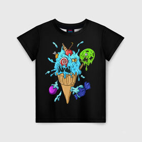 Детская футболка 3D с принтом Мороженое Монстр в Новосибирске, 100% гипоаллергенный полиэфир | прямой крой, круглый вырез горловины, длина до линии бедер, чуть спущенное плечо, ткань немного тянется | Тематика изображения на принте: candy | ice cream | marshmallow | monster | monsters | oreo | sweets | zombie | зомби | леденец | леденцы | маршмеллоу | монстр | монстры | мороженое | орео | сладости