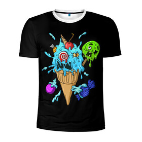 Мужская футболка 3D спортивная с принтом Мороженое Монстр в Новосибирске, 100% полиэстер с улучшенными характеристиками | приталенный силуэт, круглая горловина, широкие плечи, сужается к линии бедра | candy | ice cream | marshmallow | monster | monsters | oreo | sweets | zombie | зомби | леденец | леденцы | маршмеллоу | монстр | монстры | мороженое | орео | сладости