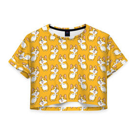 Женская футболка Cropp-top с принтом Корги Паттерн 2 в Новосибирске, 100% полиэстер | круглая горловина, длина футболки до линии талии, рукава с отворотами | веселый | лапочка | милый | мимими | оранжевый | пес | песик | собака | счастье | щенок