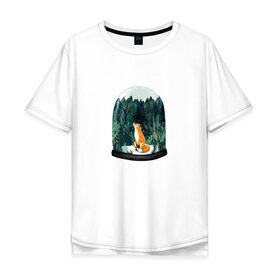 Мужская футболка хлопок Oversize с принтом Лисичка в Лесу в Новосибирске, 100% хлопок | свободный крой, круглый ворот, “спинка” длиннее передней части | акварель | елки | зима | зимний | лапочка | лес | лиса | лисенок | милота | милый | мимими | прелесть | стеклянный | тайга | шар