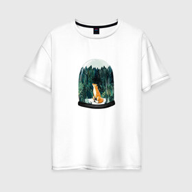 Женская футболка хлопок Oversize с принтом Лисичка в Лесу в Новосибирске, 100% хлопок | свободный крой, круглый ворот, спущенный рукав, длина до линии бедер
 | акварель | елки | зима | зимний | лапочка | лес | лиса | лисенок | милота | милый | мимими | прелесть | стеклянный | тайга | шар