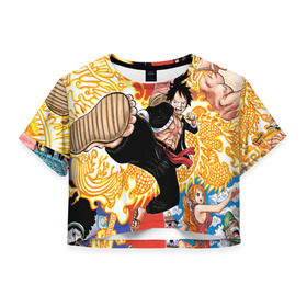 Женская футболка Cropp-top с принтом One Piece в Новосибирске, 100% полиэстер | круглая горловина, длина футболки до линии талии, рукава с отворотами | anime | asian | asiatic | big | cat | crow | giant | hat | huge | japonese | karasu | kyojin | manga | neko | one piece | oppai | oriental | power | powerful | tophat | weapon | woma | аниме | манга | япония