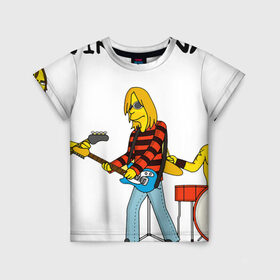 Детская футболка 3D с принтом Nirvana в стиле simpsons в Новосибирске, 100% гипоаллергенный полиэфир | прямой крой, круглый вырез горловины, длина до линии бедер, чуть спущенное плечо, ткань немного тянется | nirvana | simpsons | барабаны | басы | гитара | курт | курт кобейн | музыканты | мультик | нирвана | рок | симпсоны