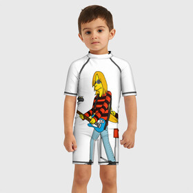 Детский купальный костюм 3D с принтом Nirvana в стиле simpsons в Новосибирске, Полиэстер 85%, Спандекс 15% | застежка на молнии на спине | nirvana | simpsons | барабаны | басы | гитара | курт | курт кобейн | музыканты | мультик | нирвана | рок | симпсоны