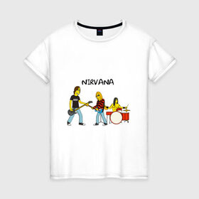Женская футболка хлопок с принтом Nirvana в стиле simpsons в Новосибирске, 100% хлопок | прямой крой, круглый вырез горловины, длина до линии бедер, слегка спущенное плечо | nirvana | simpsons | барабаны | басы | гитара | курт | курт кобейн | музыканты | мультик | нирвана | рок | симпсоны