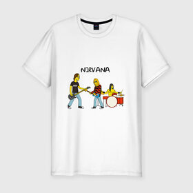 Мужская футболка премиум с принтом Nirvana в стиле simpsons в Новосибирске, 92% хлопок, 8% лайкра | приталенный силуэт, круглый вырез ворота, длина до линии бедра, короткий рукав | nirvana | simpsons | барабаны | басы | гитара | курт | курт кобейн | музыканты | мультик | нирвана | рок | симпсоны