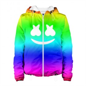 Женская куртка 3D с принтом Marshmello COLORS в Новосибирске, ткань верха — 100% полиэстер, подклад — флис | прямой крой, подол и капюшон оформлены резинкой с фиксаторами, два кармана без застежек по бокам, один большой потайной карман на груди. Карман на груди застегивается на липучку | christopher comstock | dj | marshmello | music | диджей | клубная музыка | клубняк | крис комсток | логотип | маршмэллоу | музыка