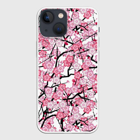 Чехол для iPhone 13 mini с принтом Сакура в Новосибирске,  |  | blossoms | cherry | flower | pink | sakura | spring | white | абстракция | белые | весна | ветки | вишня | графика | иллюстрация | картинка | лепестки | мода | молодежная | орнамент | природа | рисунок | розовые | сакура