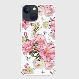 Чехол для iPhone 13 mini с принтом Розовые розы в Новосибирске,  |  | bouquet | fashion | flora | flowers | illustra | nature | ornament | patterns | petals | pink | roses | style | youth | белый | букет | графика | иллюстрация | картинка | лепестки | мода | молодежная | орнамент | природа | рисунок | розовые | розы