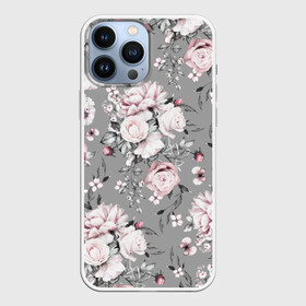 Чехол для iPhone 13 Pro Max с принтом Розовые розы в Новосибирске,  |  | bouquet | f | flora | flowers | leaves | nature | ornament | patterns | petals | pink | roses | style | youth | букет | графика | иллюстрация | картинка | лепестки | листья | мода | молодежная | орнамент | природа | рисунок | розовые | розы | серый