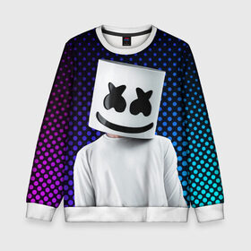 Детский свитшот 3D с принтом MARSHMELLO в Новосибирске, 100% полиэстер | свободная посадка, прямой крой, мягкая тканевая резинка на рукавах и понизу свитшота | Тематика изображения на принте: marsh | marshmallow | marshmello | marshmelo | mello | music | smile | диджей | лого | маршмеллов | маршмеллоу | маршмеллу | маршмело | маршмелов | маршмелоу | музыка | музыкант | рожица | трэп | улыбка | хаус