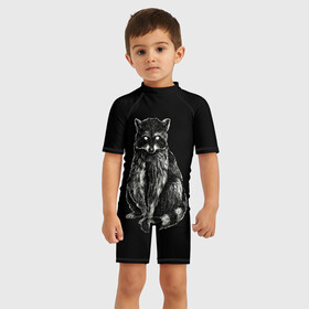 Детский купальный костюм 3D с принтом Енот в Новосибирске, Полиэстер 85%, Спандекс 15% | застежка на молнии на спине | гладкая шерсть | енот | енот полоскун | енотик полосатый | животное | лесной | милый | минимализм | полосатый хвост | черно белый