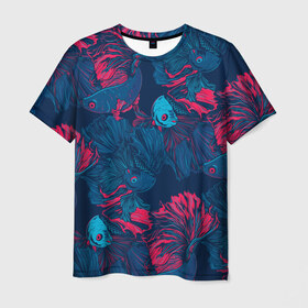 Мужская футболка 3D с принтом Бойцовые рыбки петушок в Новосибирске, 100% полиэфир | прямой крой, круглый вырез горловины, длина до линии бедер | aquarium | asia | cockerel | fighting | fish | nature | swim | азия | аквариумные | бойцовые | вода | графика | иллюстрация | картинка | косяк | красный | мода | молодежная | орнамент | петушок | плавают | природа | рисунок