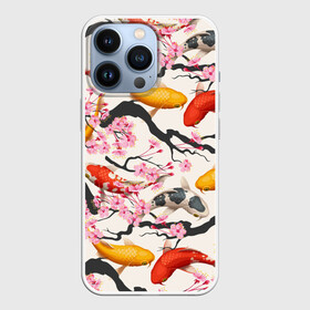 Чехол для iPhone 13 Pro с принтом Карпы кои Сакура в Новосибирске,  |  | Тематика изображения на принте: fightin | белые | ветки | вишня | графика | золотая | иллюстрация | карпы | картинка | кои | косяк | красные | мода | молодежная | оранжевые | орнамент | плывут | природа | пятна | рисунок | розовая | рыба