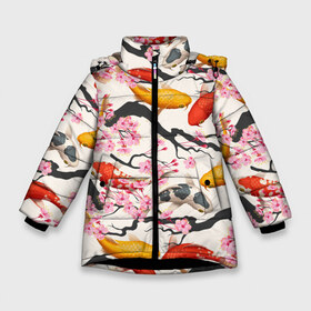 Зимняя куртка для девочек 3D с принтом Карпы кои Сакура в Новосибирске, ткань верха — 100% полиэстер; подклад — 100% полиэстер, утеплитель — 100% полиэстер. | длина ниже бедра, удлиненная спинка, воротник стойка и отстегивающийся капюшон. Есть боковые карманы с листочкой на кнопках, утяжки по низу изделия и внутренний карман на молнии. 

Предусмотрены светоотражающий принт на спинке, радужный светоотражающий элемент на пуллере молнии и на резинке для утяжки. | fightin | белые | ветки | вишня | графика | золотая | иллюстрация | карпы | картинка | кои | косяк | красные | мода | молодежная | оранжевые | орнамент | плывут | природа | пятна | рисунок | розовая | рыба