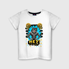 Детская футболка хлопок с принтом Hey! I`m a cat! в Новосибирске, 100% хлопок | круглый вырез горловины, полуприлегающий силуэт, длина до линии бедер | абстракция | голова кошки | звездочки | звезды | кошачьи глаза | кошка | психоделика | трэш | человеческое тело | череп | эй | я кот