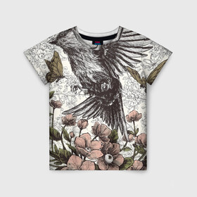 Детская футболка 3D с принтом Птица и бабочки в Новосибирске, 100% гипоаллергенный полиэфир | прямой крой, круглый вырез горловины, длина до линии бедер, чуть спущенное плечо, ткань немного тянется | абстракция | арт | бабочки | весенняя | калибри | картина | легкость | минимализм | природа | птица | свежесть | светлая | цветы