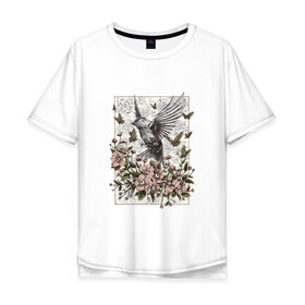 Мужская футболка хлопок Oversize с принтом Птица и бабочки в Новосибирске, 100% хлопок | свободный крой, круглый ворот, “спинка” длиннее передней части | абстракция | арт | бабочки | весенняя | калибри | картина | легкость | минимализм | природа | птица | свежесть | светлая | цветы