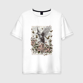 Женская футболка хлопок Oversize с принтом Птица и бабочки в Новосибирске, 100% хлопок | свободный крой, круглый ворот, спущенный рукав, длина до линии бедер
 | абстракция | арт | бабочки | весенняя | калибри | картина | легкость | минимализм | природа | птица | свежесть | светлая | цветы