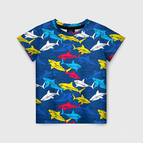 Детская футболка 3D с принтом Акулы в Новосибирске, 100% гипоаллергенный полиэфир | прямой крой, круглый вырез горловины, длина до линии бедер, чуть спущенное плечо, ткань немного тянется | blue | drawin | fashion | fish | illustration | ocean | predator | red | sea | sharks | style | water | yellow | youth | акулы | вода | графика | жёлтый | иллюстрация | картинка | красный | мода | молодежная | море | океан | рисунок | рыба | син