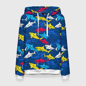 Женская толстовка 3D с принтом Акулы в Новосибирске, 100% полиэстер  | двухслойный капюшон со шнурком для регулировки, мягкие манжеты на рукавах и по низу толстовки, спереди карман-кенгуру с мягким внутренним слоем. | blue | drawin | fashion | fish | illustration | ocean | predator | red | sea | sharks | style | water | yellow | youth | акулы | вода | графика | жёлтый | иллюстрация | картинка | красный | мода | молодежная | море | океан | рисунок | рыба | син