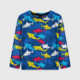 Детский лонгслив 3D с принтом Акулы в Новосибирске, 100% полиэстер | длинные рукава, круглый вырез горловины, полуприлегающий силуэт
 | blue | drawin | fashion | fish | illustration | ocean | predator | red | sea | sharks | style | water | yellow | youth | акулы | вода | графика | жёлтый | иллюстрация | картинка | красный | мода | молодежная | море | океан | рисунок | рыба | син