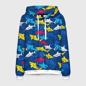 Мужская толстовка 3D с принтом Акулы в Новосибирске, 100% полиэстер | двухслойный капюшон со шнурком для регулировки, мягкие манжеты на рукавах и по низу толстовки, спереди карман-кенгуру с мягким внутренним слоем. | blue | drawin | fashion | fish | illustration | ocean | predator | red | sea | sharks | style | water | yellow | youth | акулы | вода | графика | жёлтый | иллюстрация | картинка | красный | мода | молодежная | море | океан | рисунок | рыба | син